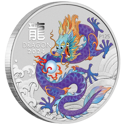 2024 $1 Lunar Year of The Dragon Purple Dragon 1oz Silver Coloured Uncirculated Coin