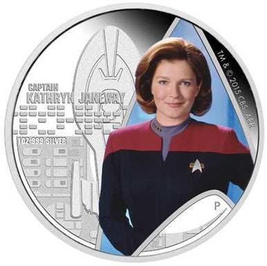 Tuvalu 2015 $1 Star Trek Captain Kathryn Janeway and USS Voyager NCC-74656 1oz Silver Coloured Proof 2 Coin Set