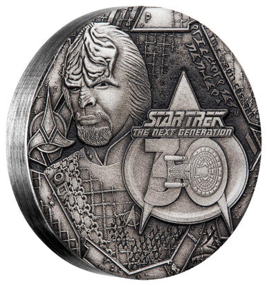 Tuvalu 2017 $2 Star Trek The Next Generation 30th Anniversary Worf 2oz Silver Antiqued Coin