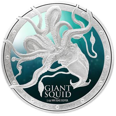 Niue 2015 $2 Ocean Predators Giant Squid 1oz Silver Coloured Proof Coin