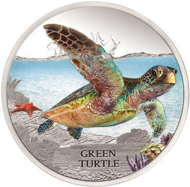 Tuvalu 2014 $1 Endangered and Extinct Green Turtle 1oz Silver Coloured Proof Coin