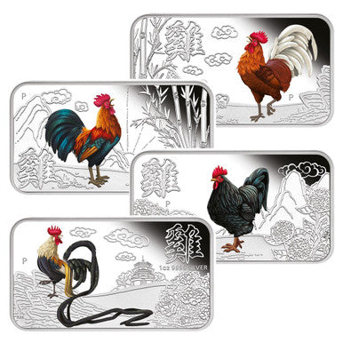 Tuvalu 2017 $1 Lunar Calendar Year of The Rooster 1oz Silver Coloured Rectangle 4 Coin Proof Set