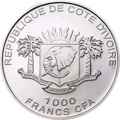 Ivory Coast 2010 1000 Francs Animaux Prehistoriques Mammoth Silver Proof with Fossil Ivory Tusk Insert Coin