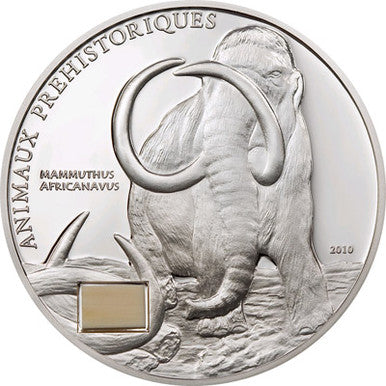 Ivory Coast 2010 1000 Francs Animaux Prehistoriques Mammoth Silver Proof with Fossil Ivory Tusk Insert Coin