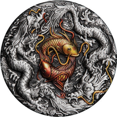 Tuvalu 2021 $2 Double Dragon & Yin Yang Koi 2oz Silver Coloured Antiqued Coin