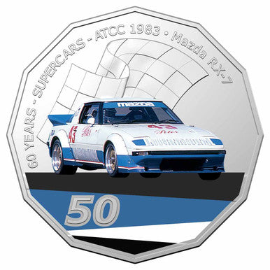 2020 50c 60 Years of Australian Supercars 1983 Mazda RX-7 Coloured Uncirculated Coin