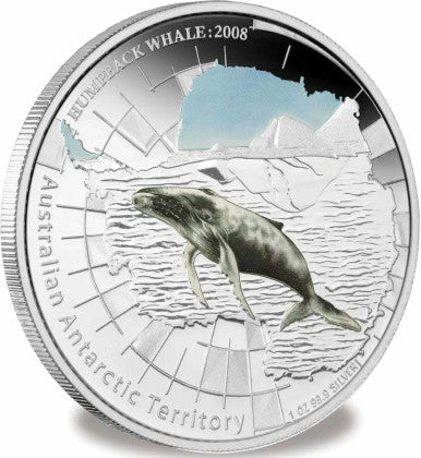 2008 $1 Australian Antarctic Territory Humpback Whale 1oz Silver Coloured Proof Coin