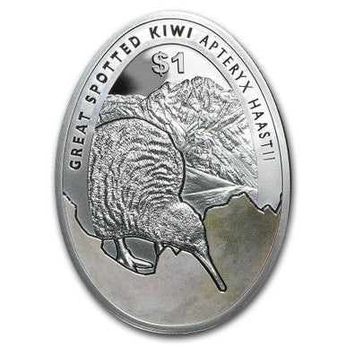 NZ 2016 $1 Great Spotted Kiwi 1oz Silver Coloured Egg Shaped Proof Coin
