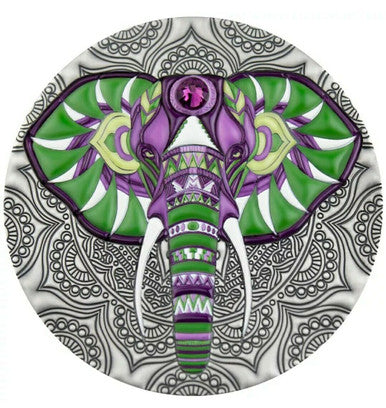 Niue 2019 $5 Mandala Collection Elephant 2oz Silver Antiqued Coin with Swarovski Crystal