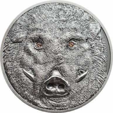 Mongolia 2018 500 Togrog Wild Boar with Swarovski Eyes 1oz Silver Antiqued Coin