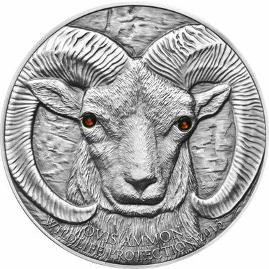 Mongolia 2013 500 Togrog Argali with Swarovski Eyes 1oz Silver Antiqued Coin