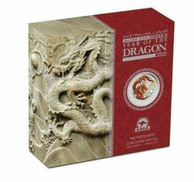 2012 $2 ANDA Perth Show Lunar Year of The Dragon 2oz Silver Coloured Proof Coin