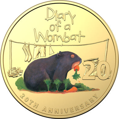 2022 20th Anniversary of Diary of a Wombat Deluxe Edition Book 20c CuNi Gold Plated Colour Printed Unc Coin