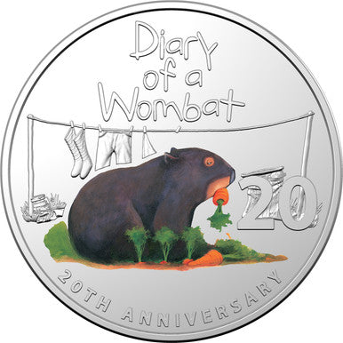 2022 20th Anniversary of Diary of a Wombat Special Edition Book 20c CuNi Colour Printed Unc Coin